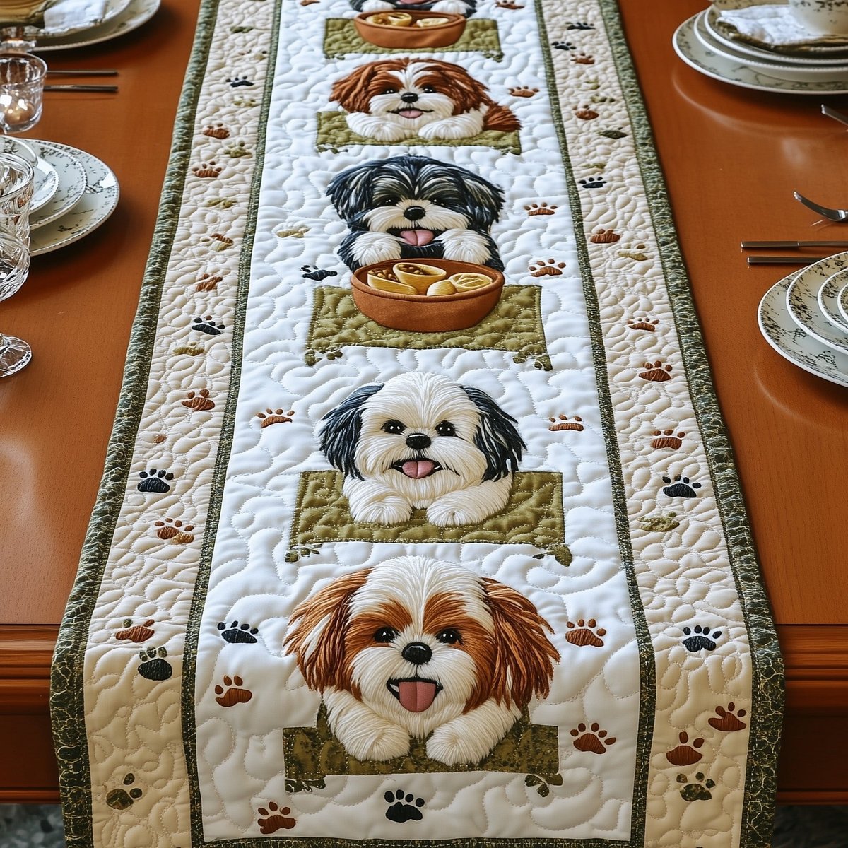 Shih Tzu with Bowl on Green Panel Table Runner - Made to Order TABLE928