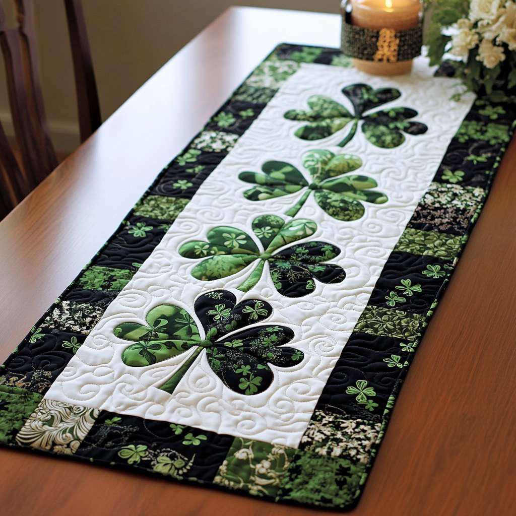Shamrocks on White with Black Border Table Runner - Made to Order TABLE928