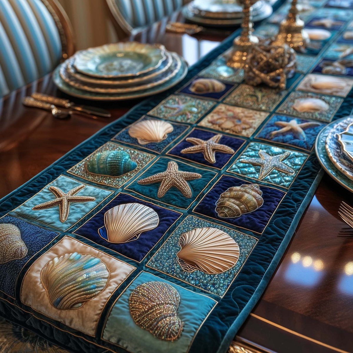 Shell Blocks in Deep Teal Table Runner - Made to Order TABLE928