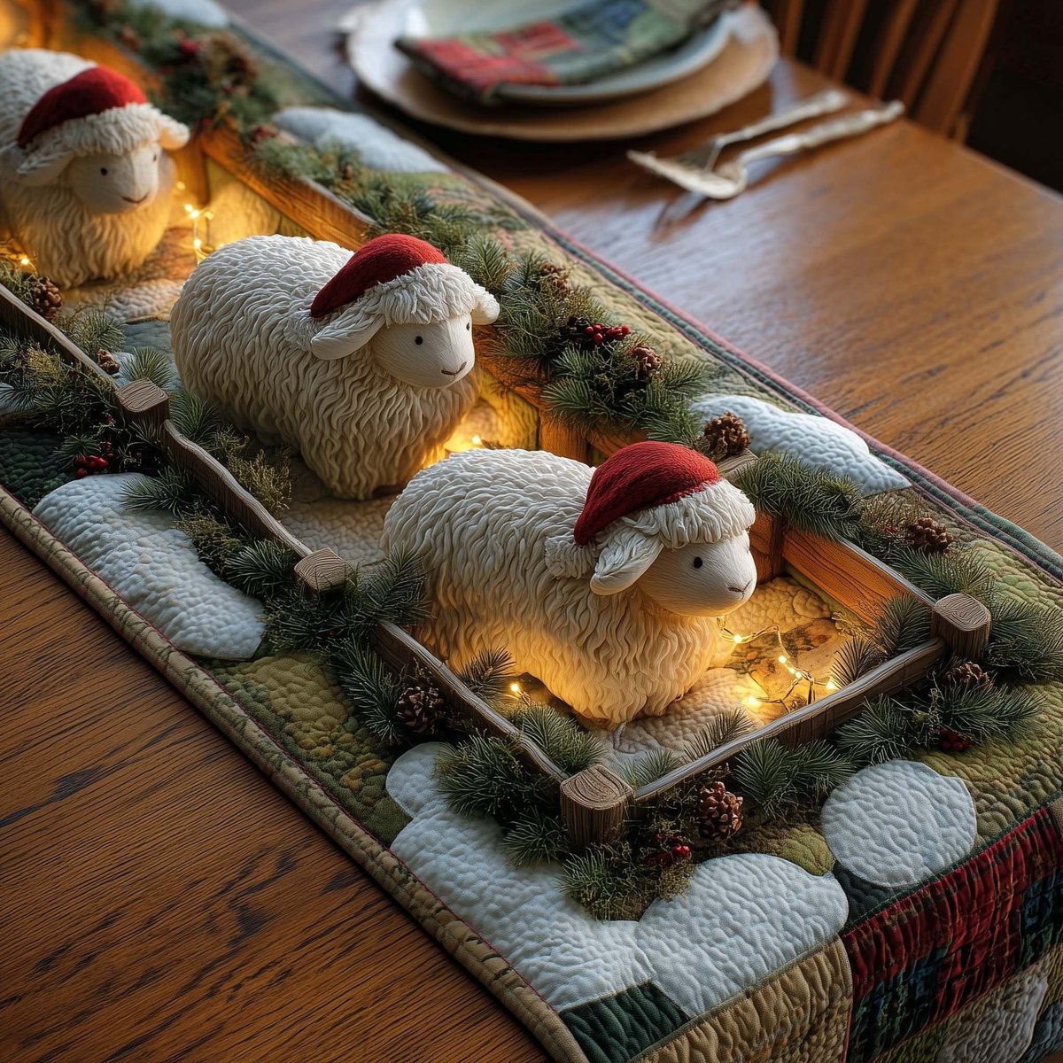 Sheep in Santa Hats on Tray Table Runner - Made to Order TABLE928