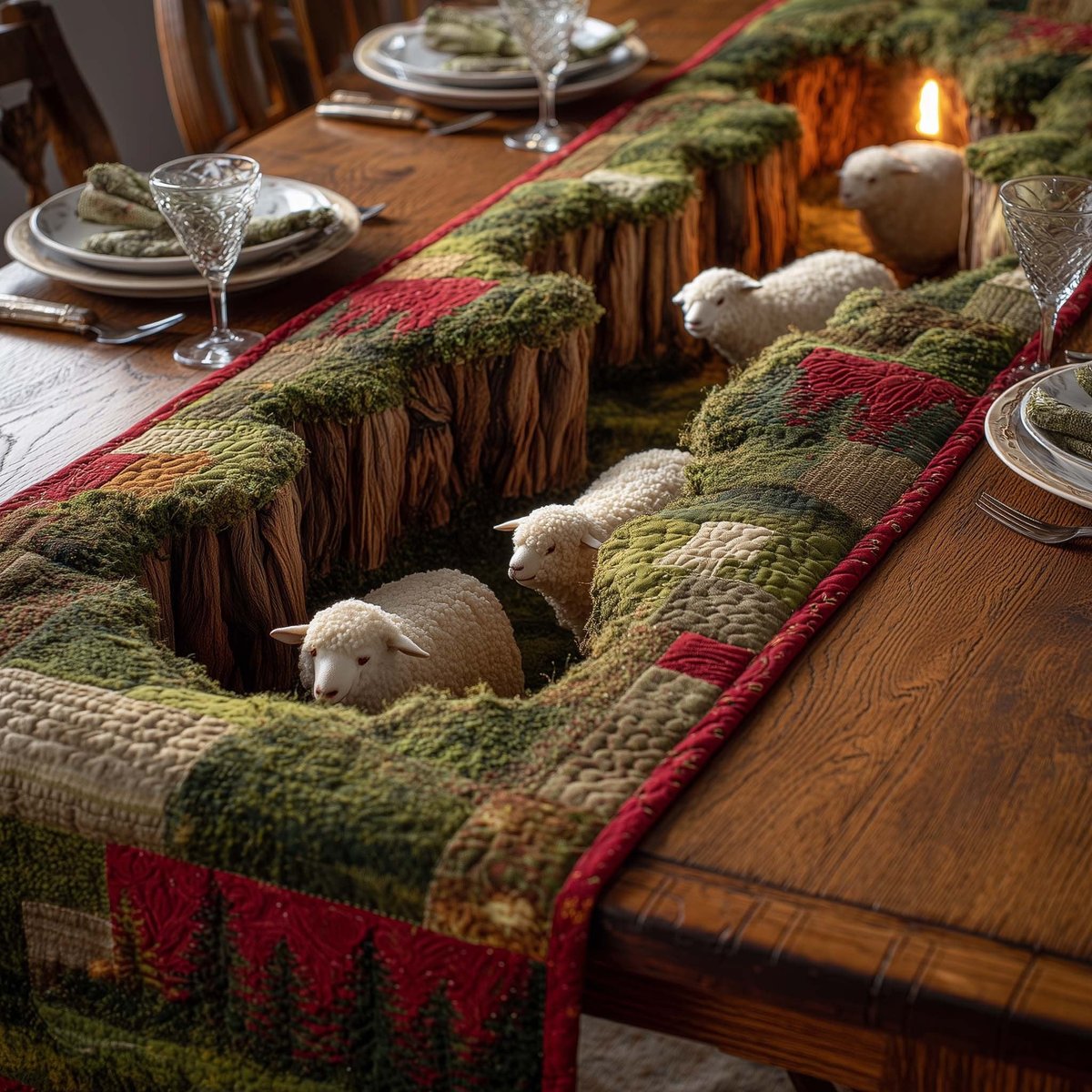 Sheep on Green Mossy Bank Table Runner - Made to Order TABLE928