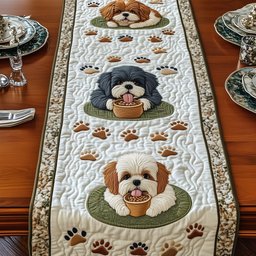 Shih Tzus on Green Ovals Table Runner - Made to Order TABLE928