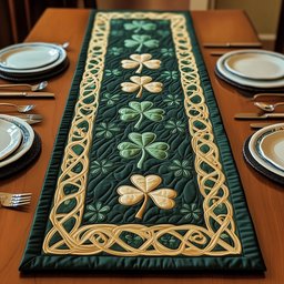 Shamrock Trail on Emerald with Celtic Braid Table Runner - Made to Order TABLE928