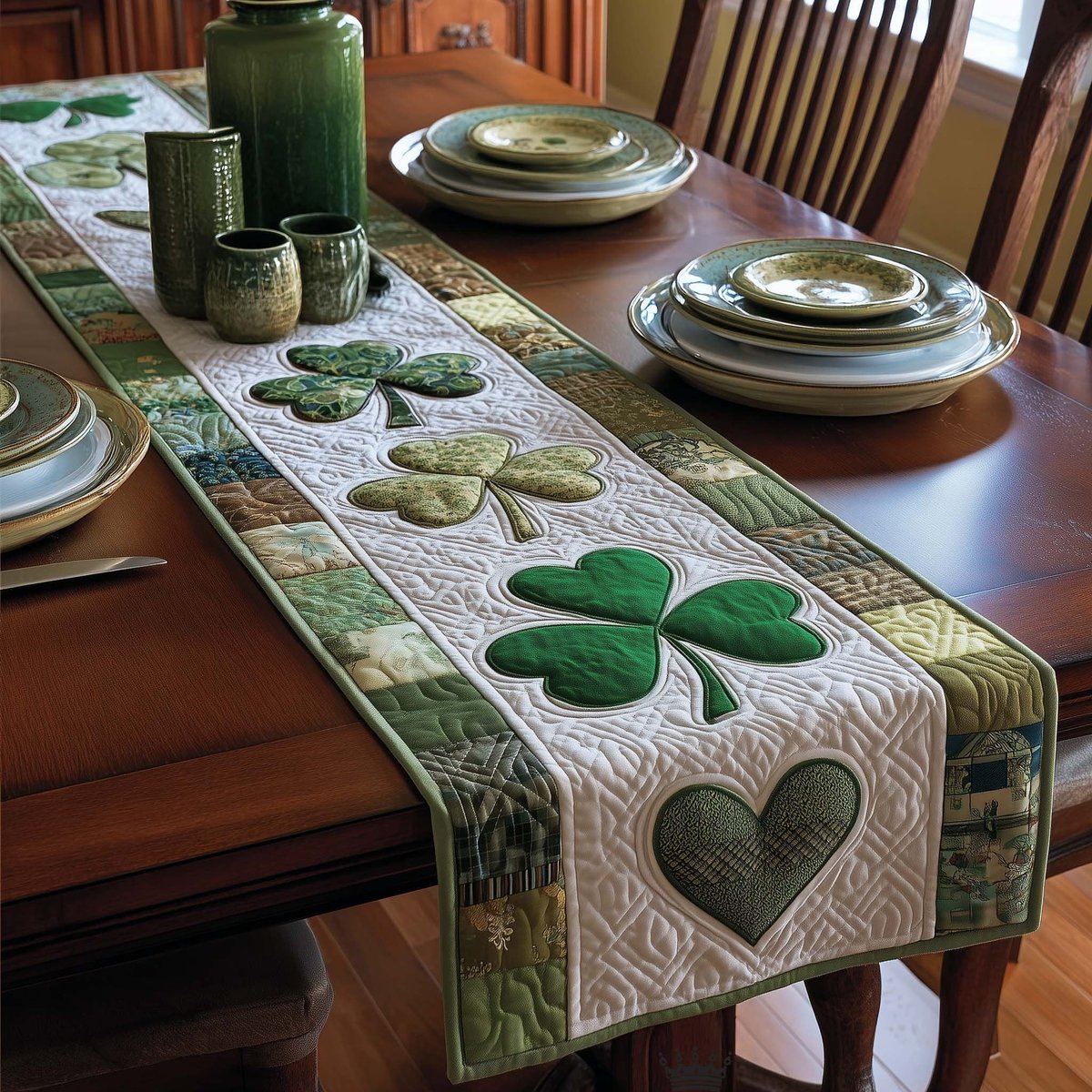 Shamrocks on Cream with Green Trim Table Runner - Made to Order TABLE928