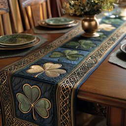 Shamrocks on Teal with Gold Border Table Runner - Made to Order TABLE928