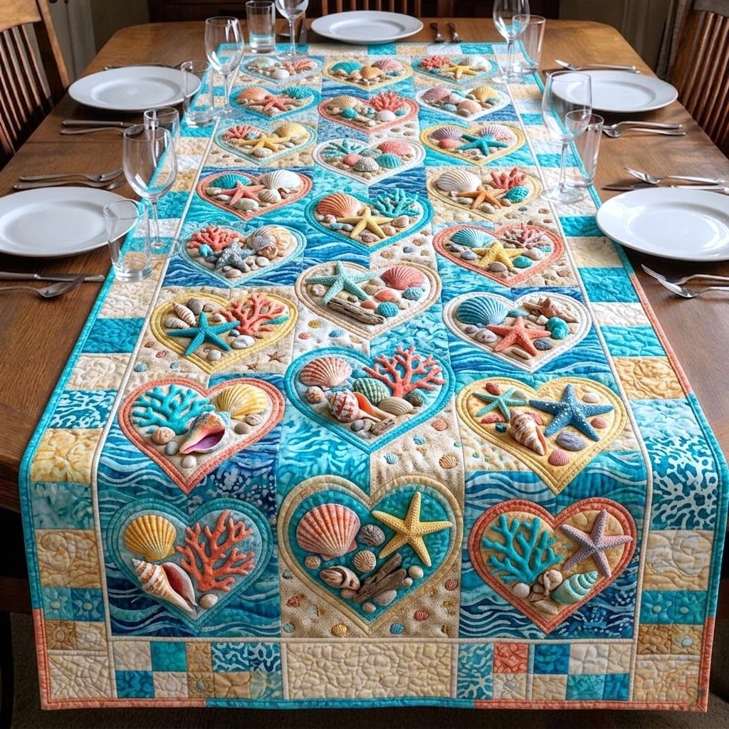 Shell Hearts on Teal Blocks Table Runner - Made to Order TABLE928