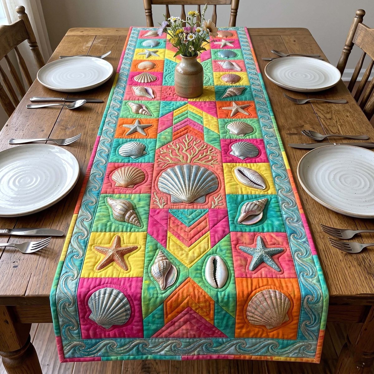Shell Blocks in Bright Teal and Pink Table Runner - Made to Order TABLE928