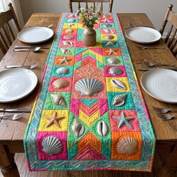 Shell Blocks in Bright Teal and Pink Table Runner - Made to Order TABLE928