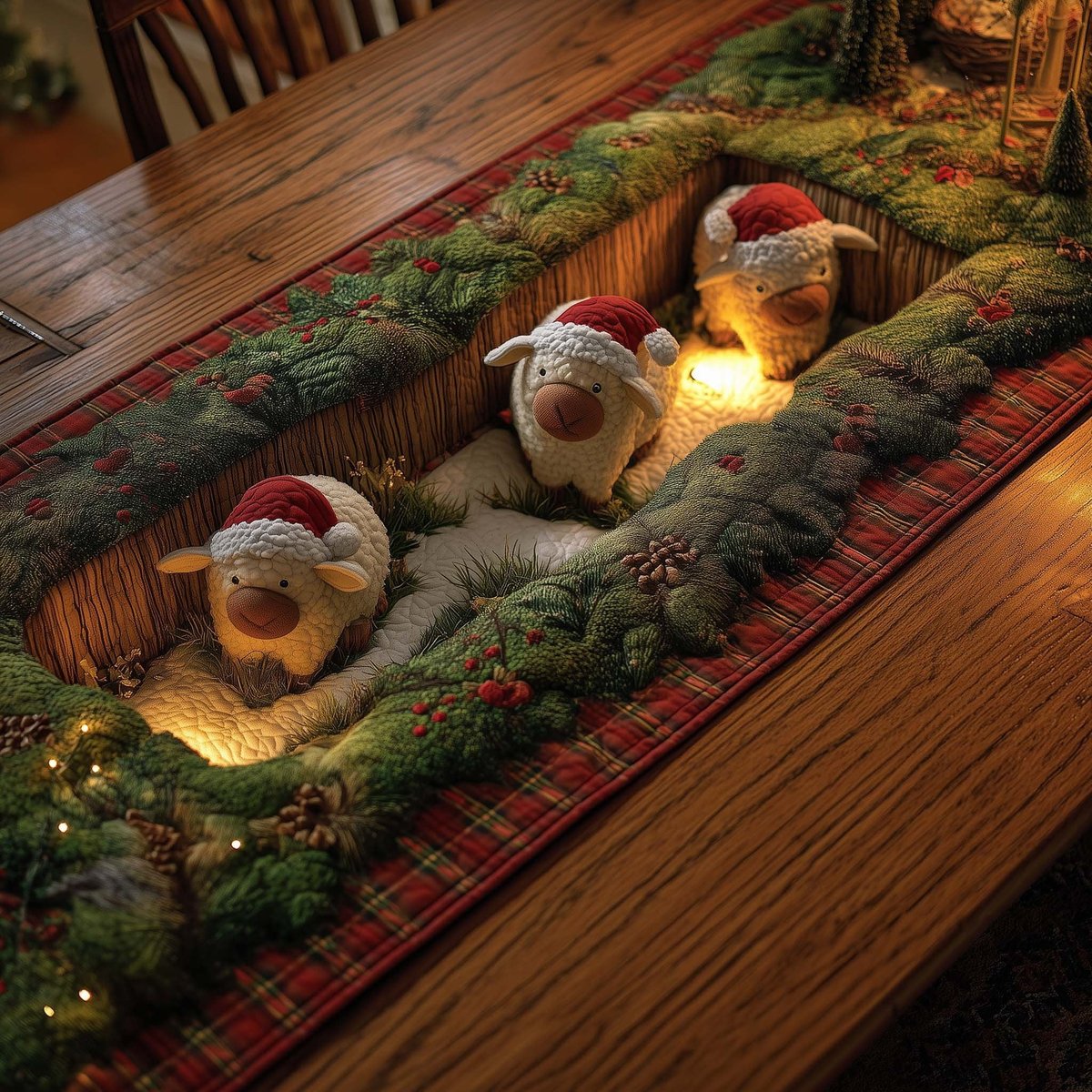 Sheep in Santa Hats with Lights Table Runner - Made to Order TABLE928