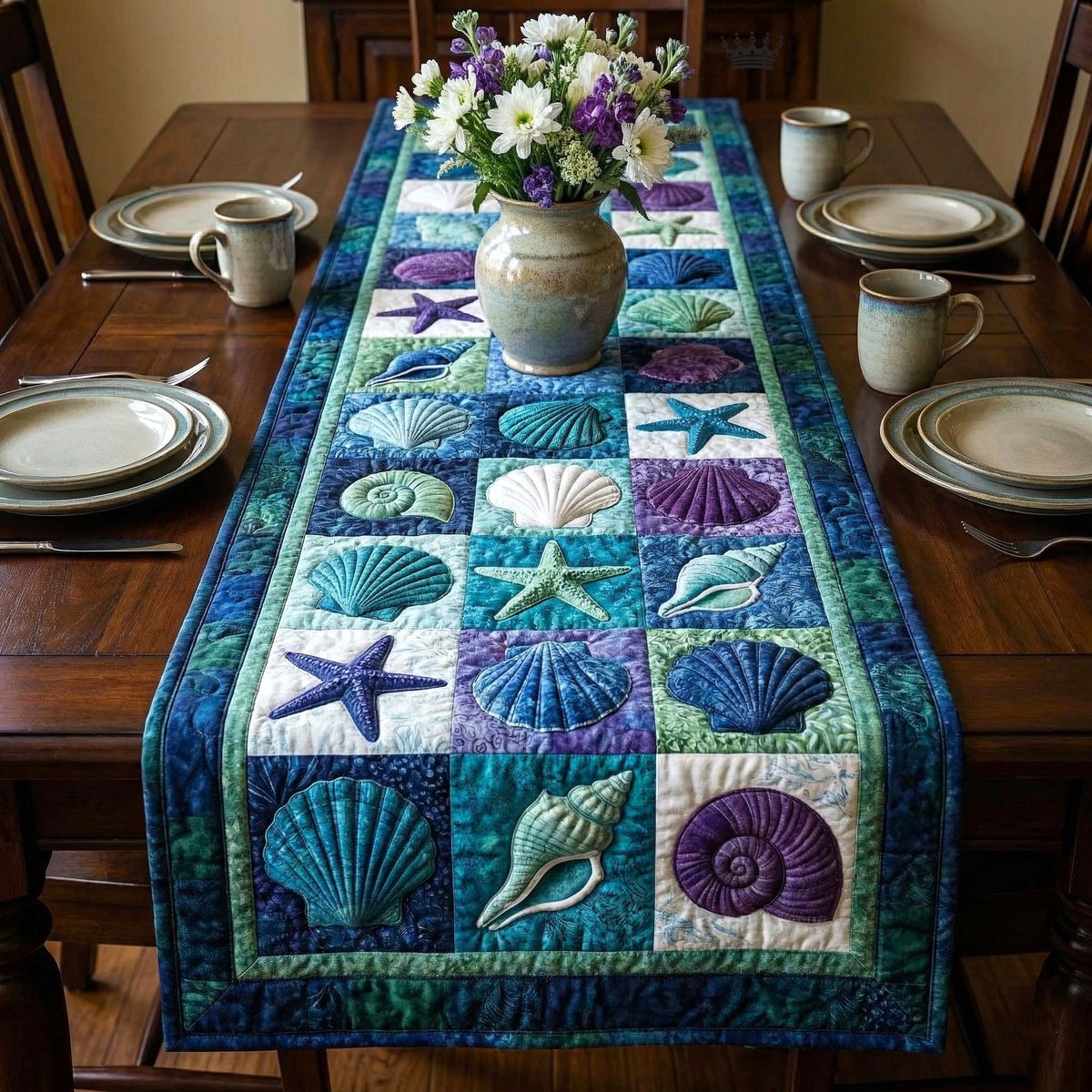 Shell Blocks in Green and Blue Table Runner - Made to Order TABLE928