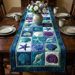 Shell Blocks in Green and Blue Table Runner - Made to Order TABLE928