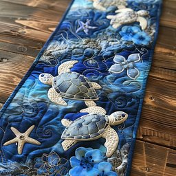 Sea Turtles with Shells on Blue Table Runner - Made to Order TABLE928