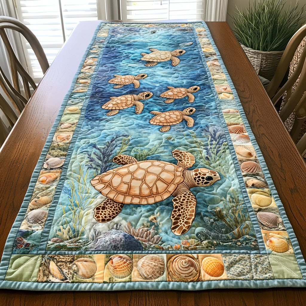 Sea Turtles with Shell Border Table Runner - Made to Order TABLE928