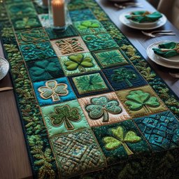 Shamrock Quilt Blocks in Green and Blue Table Runner - Made to Order TABLE928