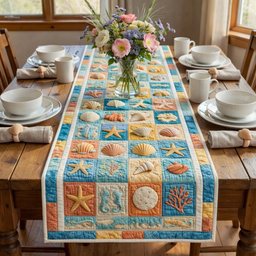Seashell Blocks on Blue Border Table Runner - Made to Order TABLE928