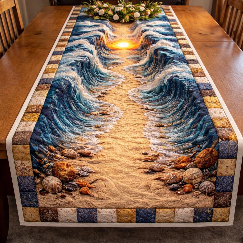 Seashells on Sand with Dark Waves Table Runner - Made to Order TABLE928