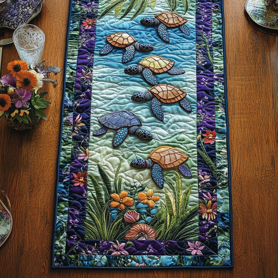Sea Turtles with Purple Border Table Runner - Made to Order TABLE928