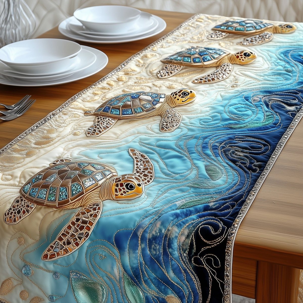 Sea Turtles on Blue Waves and Sand Table Runner - Made to Order TABLE928