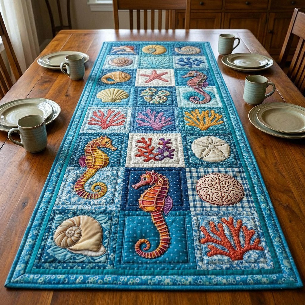 Seahorses and Shells on Teal Table Runner - Made to Order TABLE928