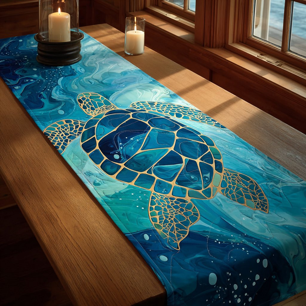 Sea Turtle on Teal Water Table Runner - Made to Order TABLE928