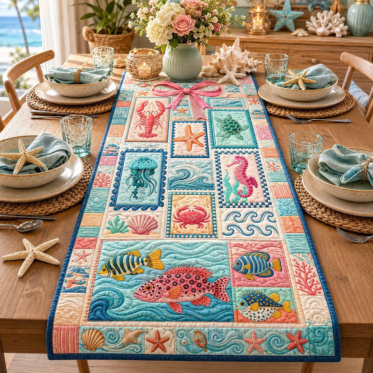 Sea Creature Squares on Blue Table Runner - Made to Order TABLE928