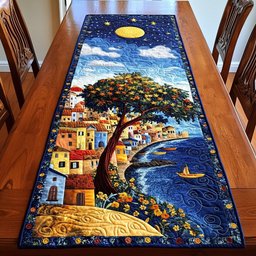Seaside Village with Blossoming Tree Table Runner - Made to Order TABLE928