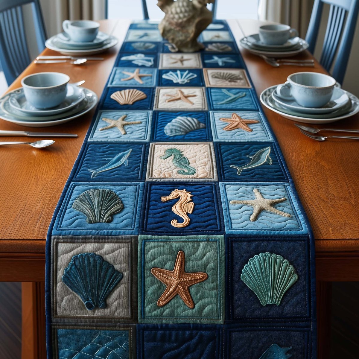 Sea Life Squares on Navy Table Runner - Made to Order TABLE928