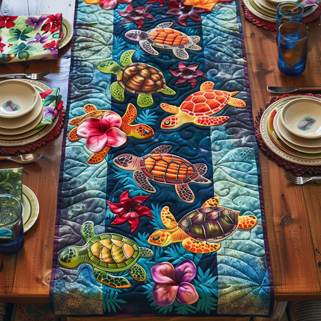 Sea Turtles with Hibiscus on Blue Table Runner - Made to Order TABLE928