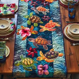 Sea Turtles with Hibiscus on Blue Table Runner - Made to Order TABLE928