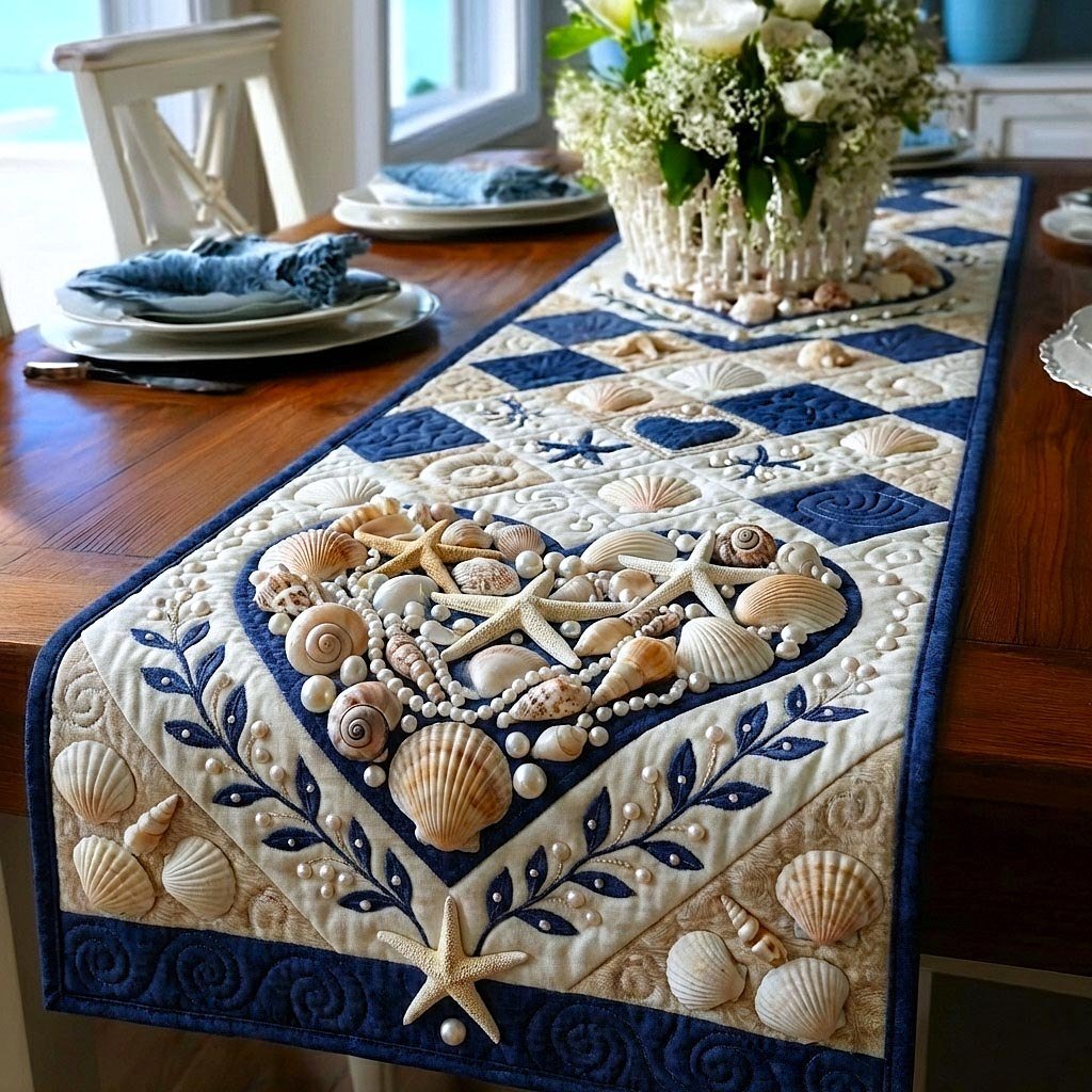 Seashell Heart with Blue Starfish Border Table Runner - Made to Order TABLE928