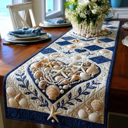 Seashell Heart with Blue Starfish Border Table Runner - Made to Order TABLE928