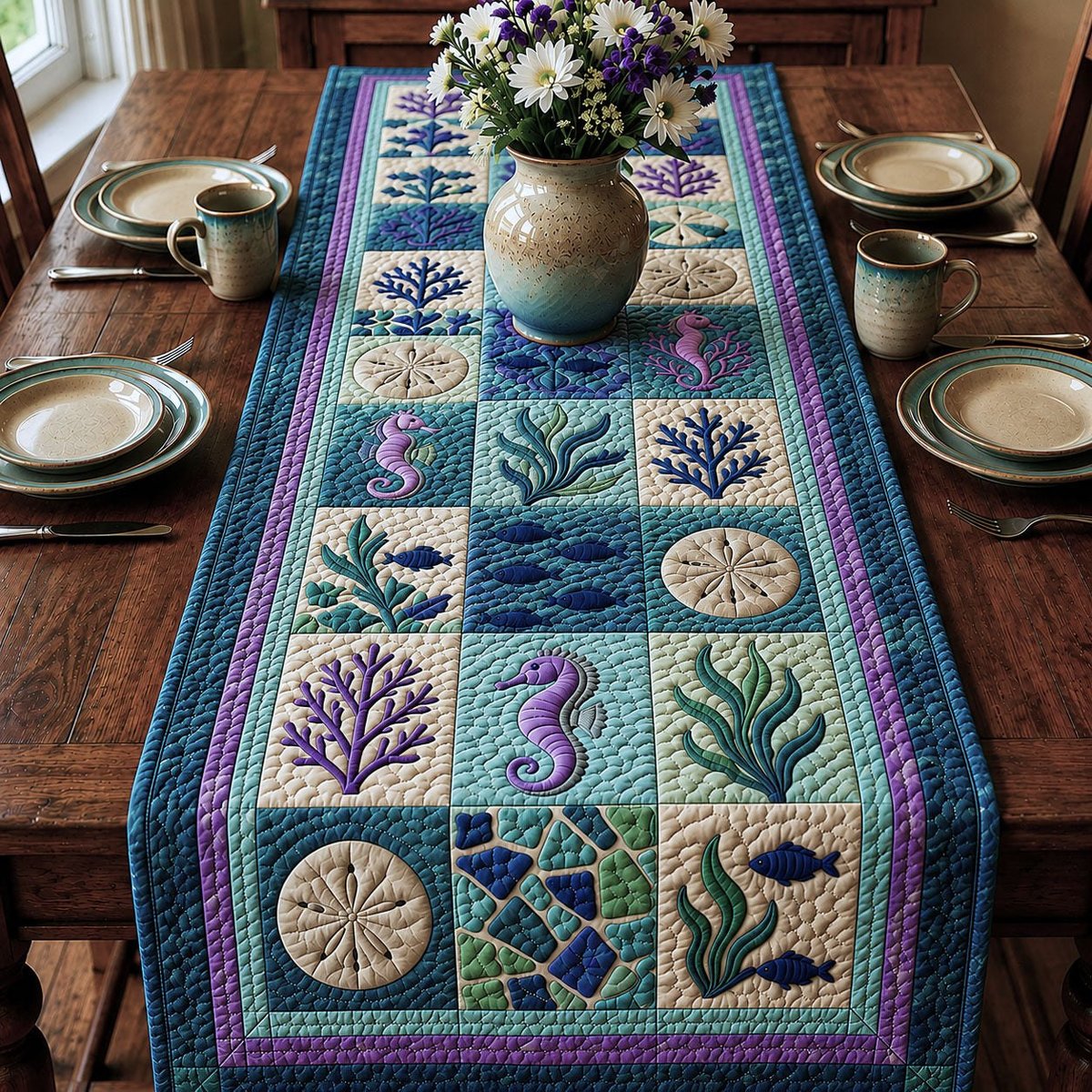 Seahorse and Coral Blocks Table Runner - Made to Order TABLE928
