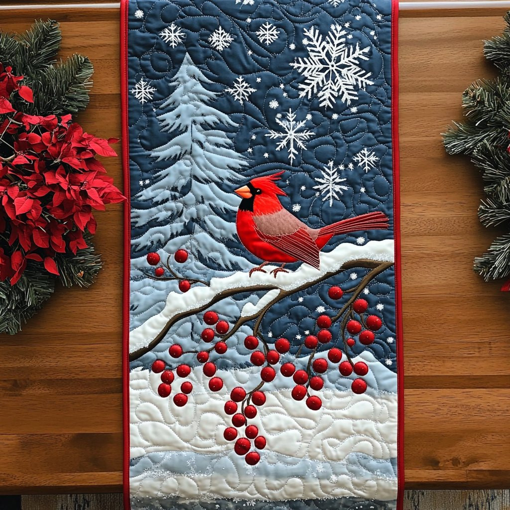 Scarlet Song in the Snow Table Runner - Made to Order TABLE928