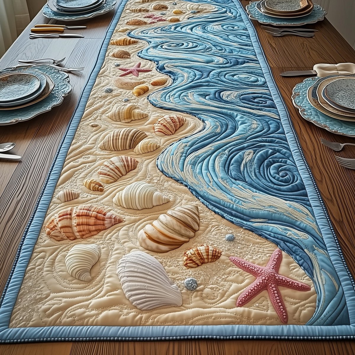 Seashells on Sand with Wave Table Runner - Made to Order TABLE928