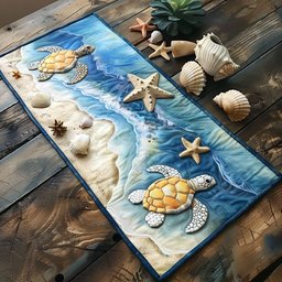 Sea Turtles on Beach with Shells Table Runner - Made to Order TABLE928