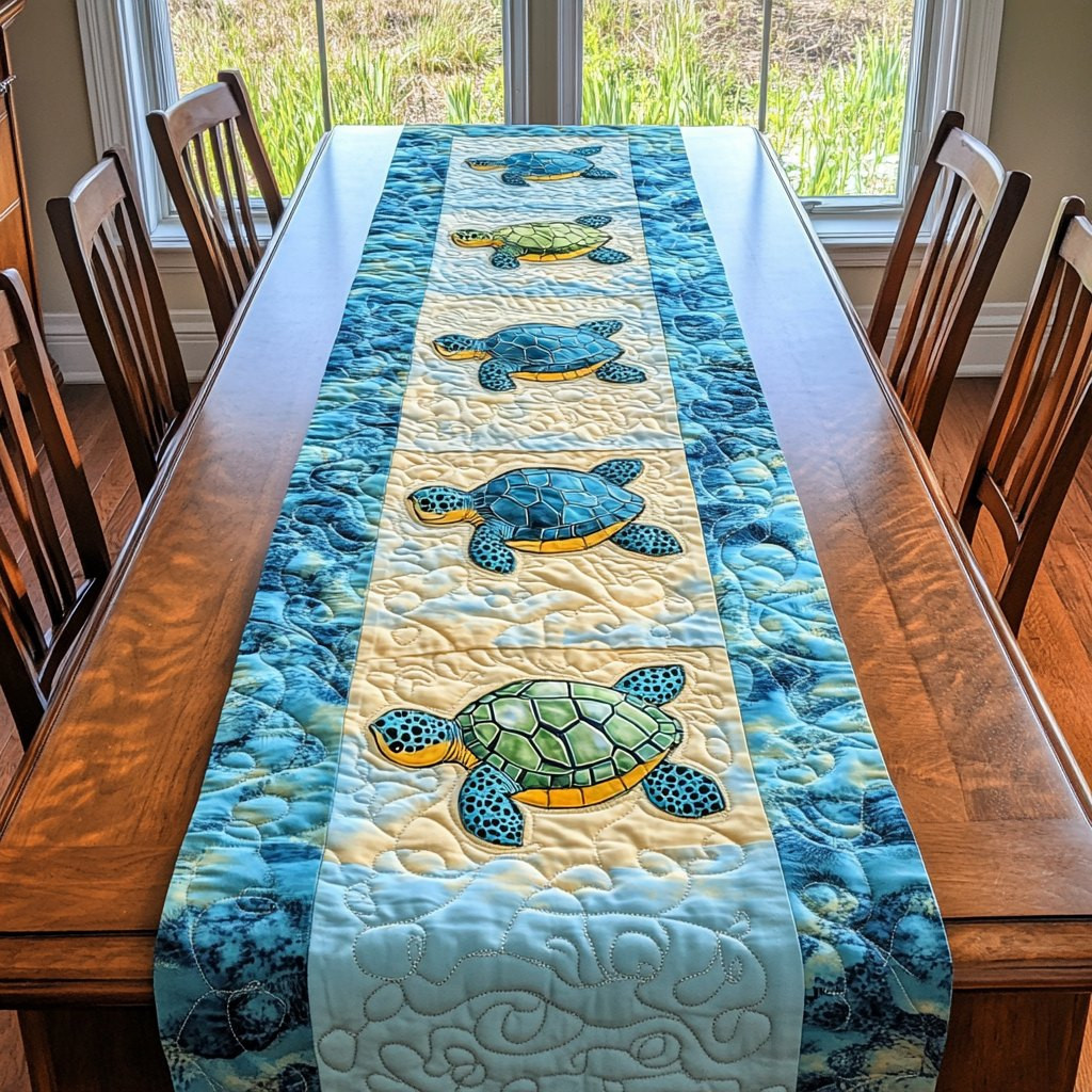 Sea Turtles on Blue Stripe Table Runner - Made to Order TABLE928