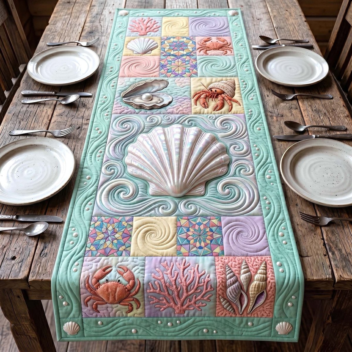 Scallop Shell with Crabs and Coral Table Runner - Made to Order TABLE928