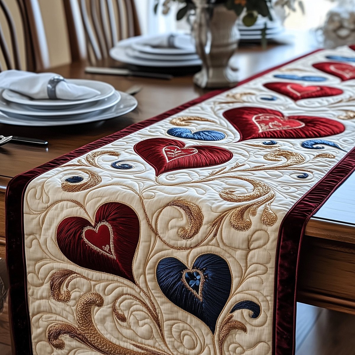 Ruby and Blue Hearts with Gold Vines Table Runner - Made to Order TABLE928