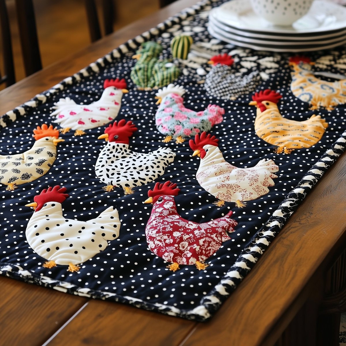 Scattered Patterned Hens on Dots Table Runner - Made to Order TABLE928