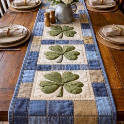 Sage Shamrocks on Blue Denim Blocks Table Runner - Made to Order TABLE928