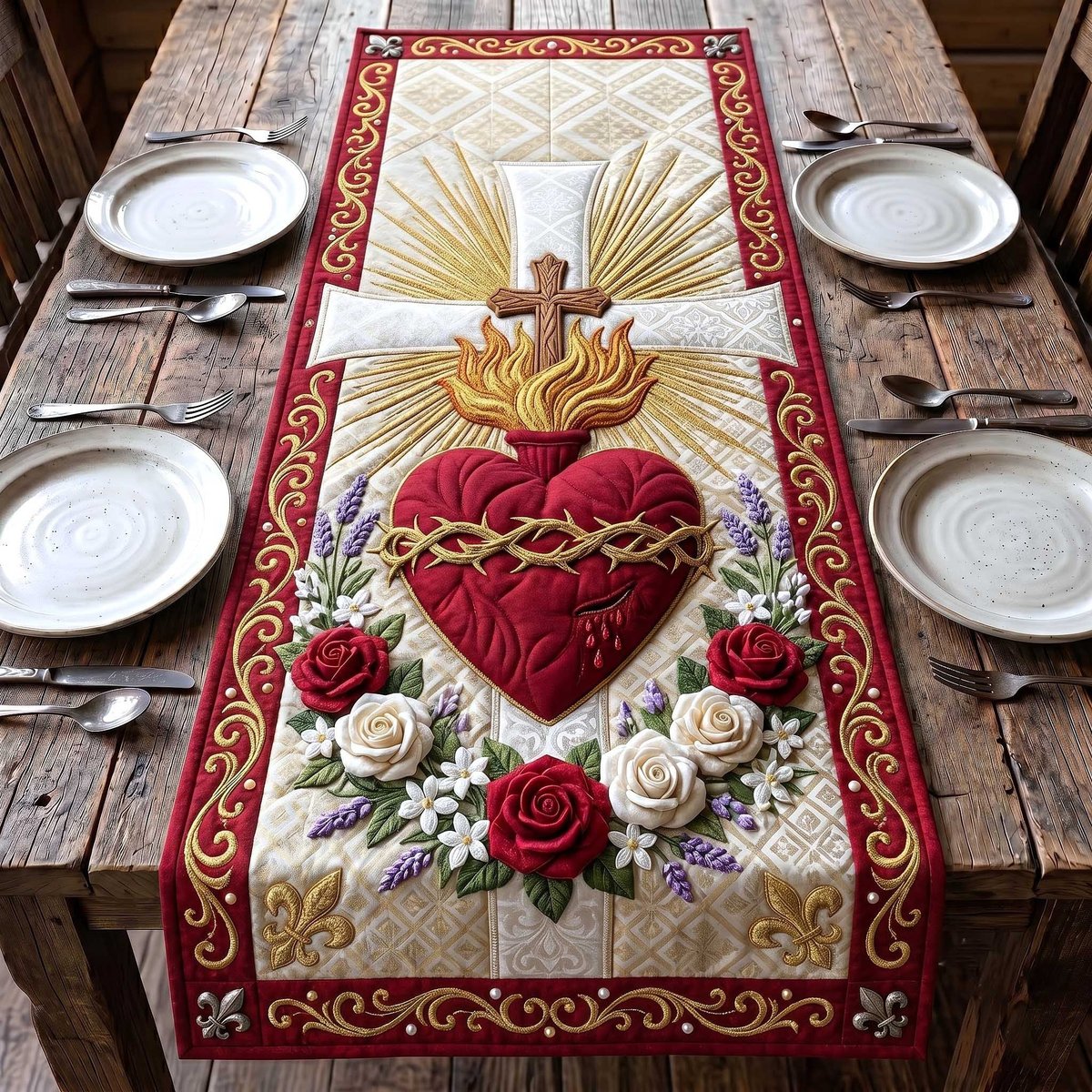 Sacred Heart with Roses and Lilies Table Runner - Made to Order TABLE928