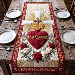 Sacred Heart with Roses and Lilies Table Runner - Made to Order TABLE928