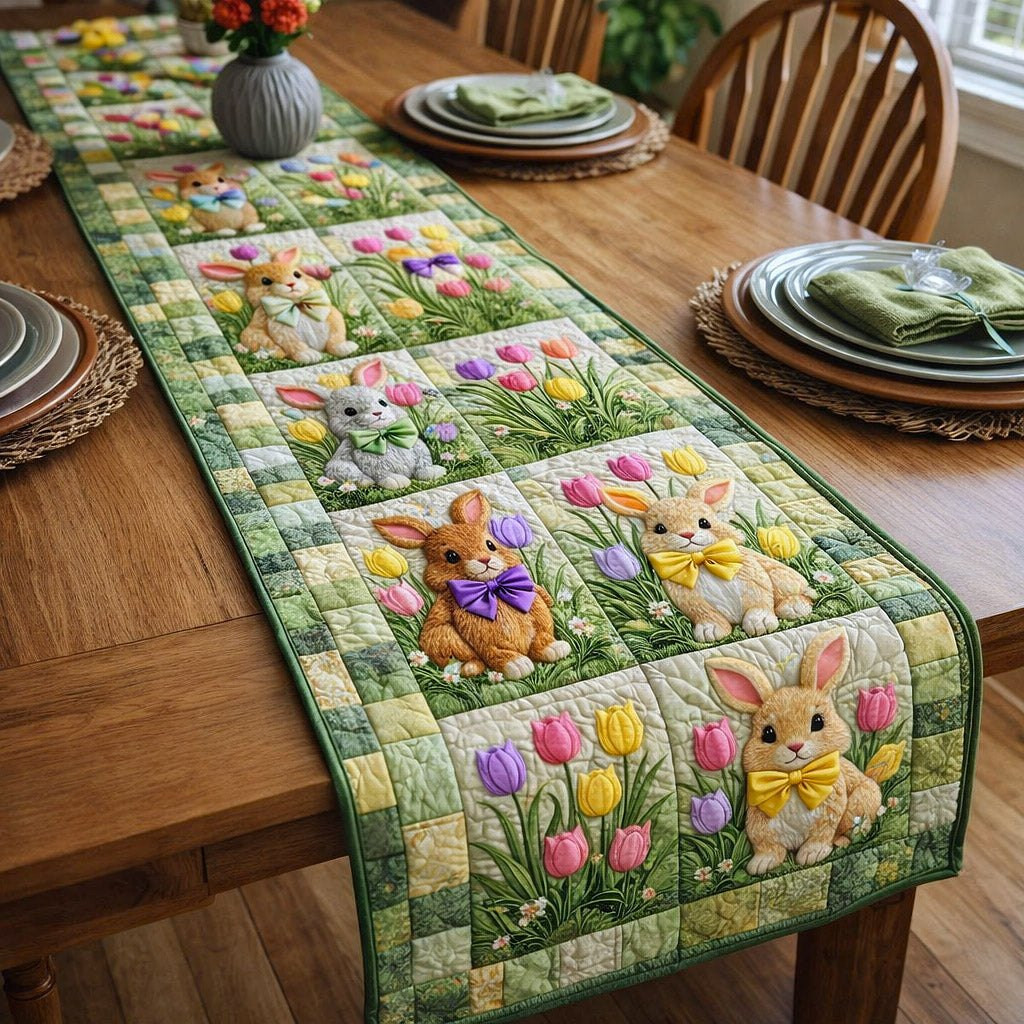 Bunnies and Tulips in Green Blocks Table Runner - Made to Order TABLE928
