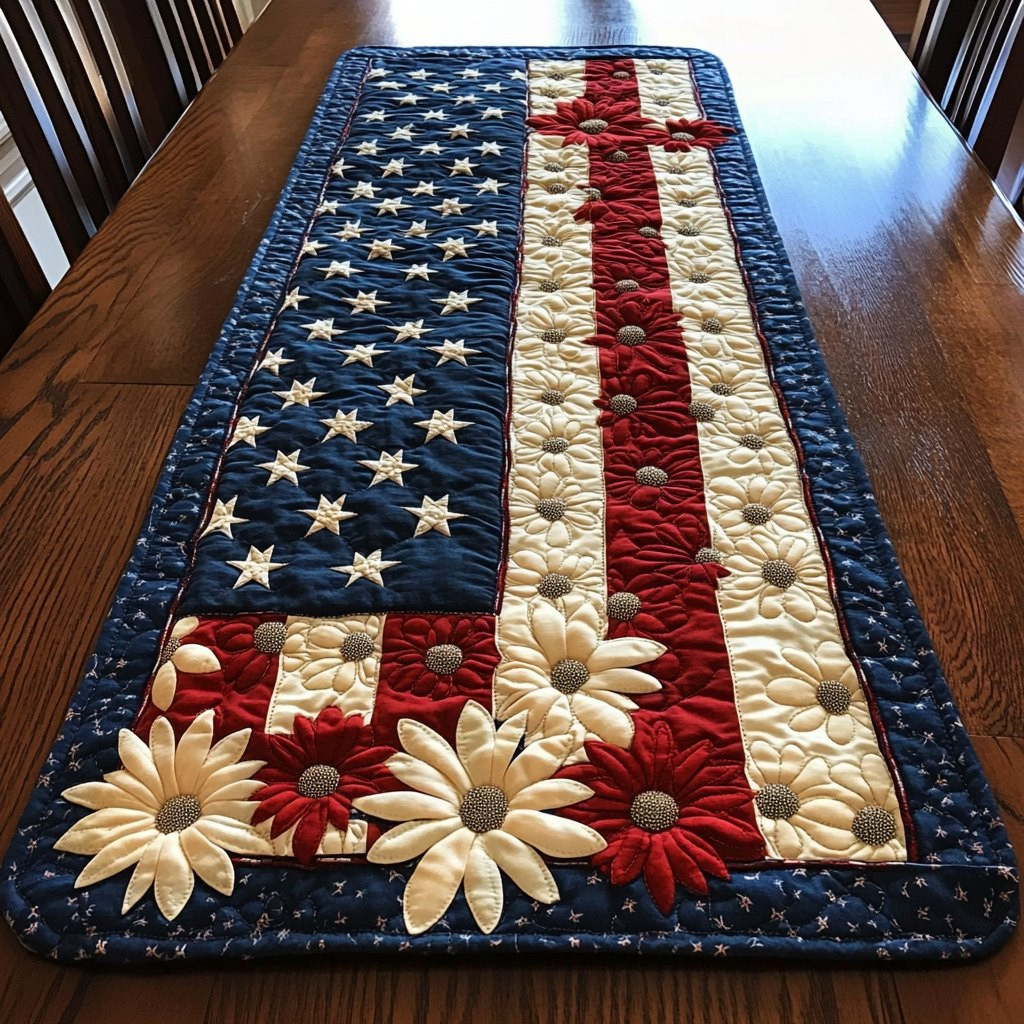 American Flag with White Daisies Table Runner - Made to Order TABLE928