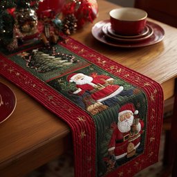 Santa on Green and Red Panel Table Runner - Made to Order TABLE928