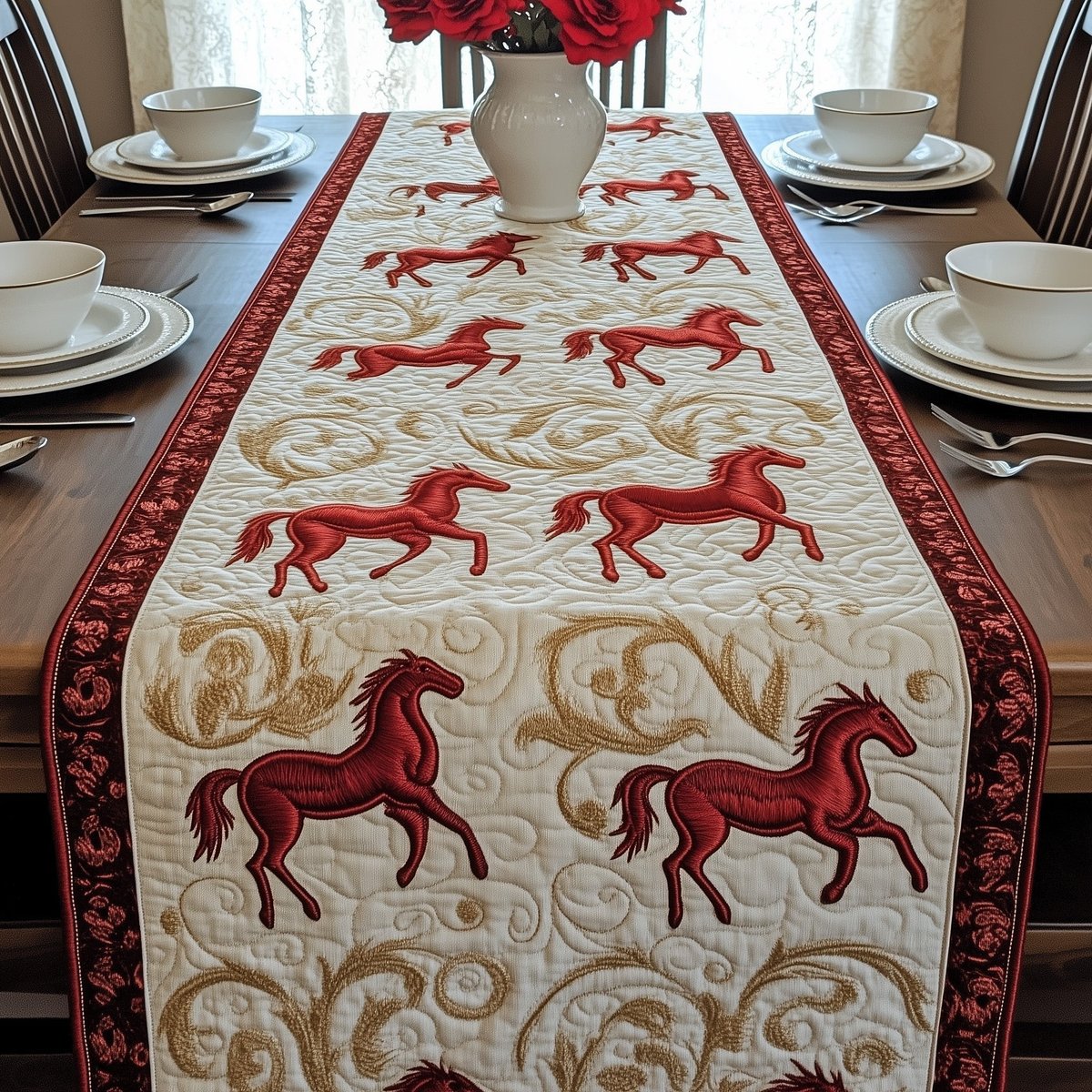 Running Red Horses on Cream Table Runner - Made to Order TABLE928
