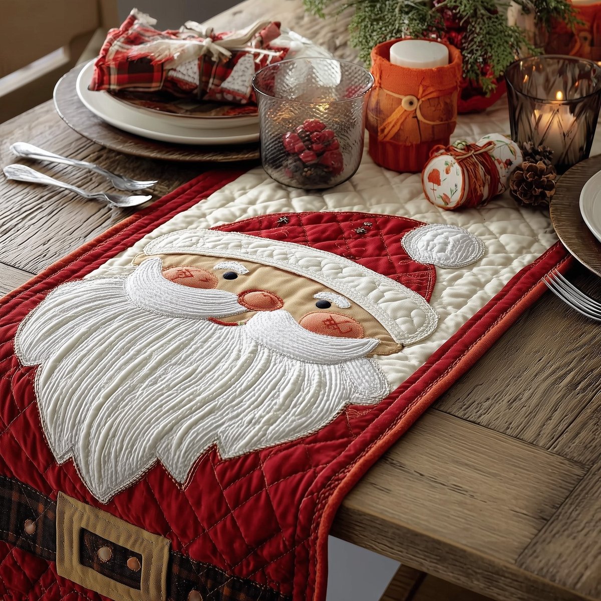 Santa Face on Red Panel Table Runner - Made to Order TABLE928