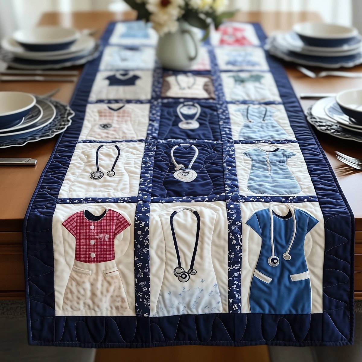 Scrub Tops and Stethoscopes in Blocks Table Runner - Made to Order TABLE928