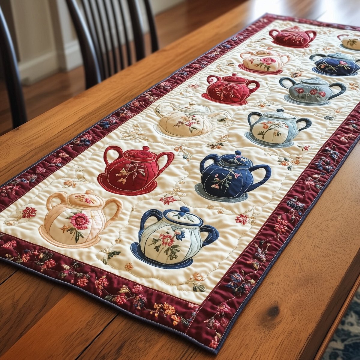 Scattered Blue and Red Teapots Table Runner - Made to Order TABLE928