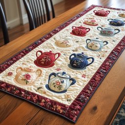 Scattered Blue and Red Teapots Table Runner - Made to Order TABLE928